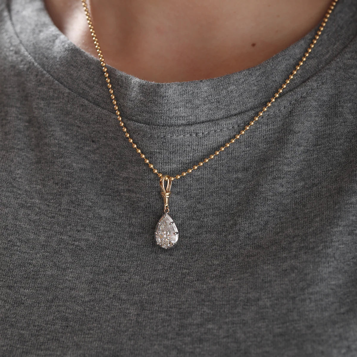 14K Yellow Gold Necklace with 3ct Pear Shaped Lab Diamond Pendant in White Gold Bezel Setting and Beaded Chain