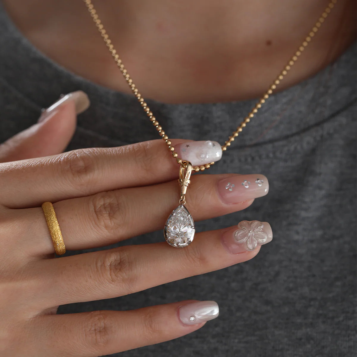 14K Yellow Gold Necklace with 3ct Pear Shaped Lab Diamond Pendant in White Gold Bezel Setting and Beaded Chain