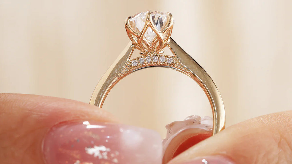 14K Yellow Gold 2ct Pear Cut Lab Diamond 6 Claw Prongs Floral Basket Ring with Hidden Round Diamond Millegrain Pave