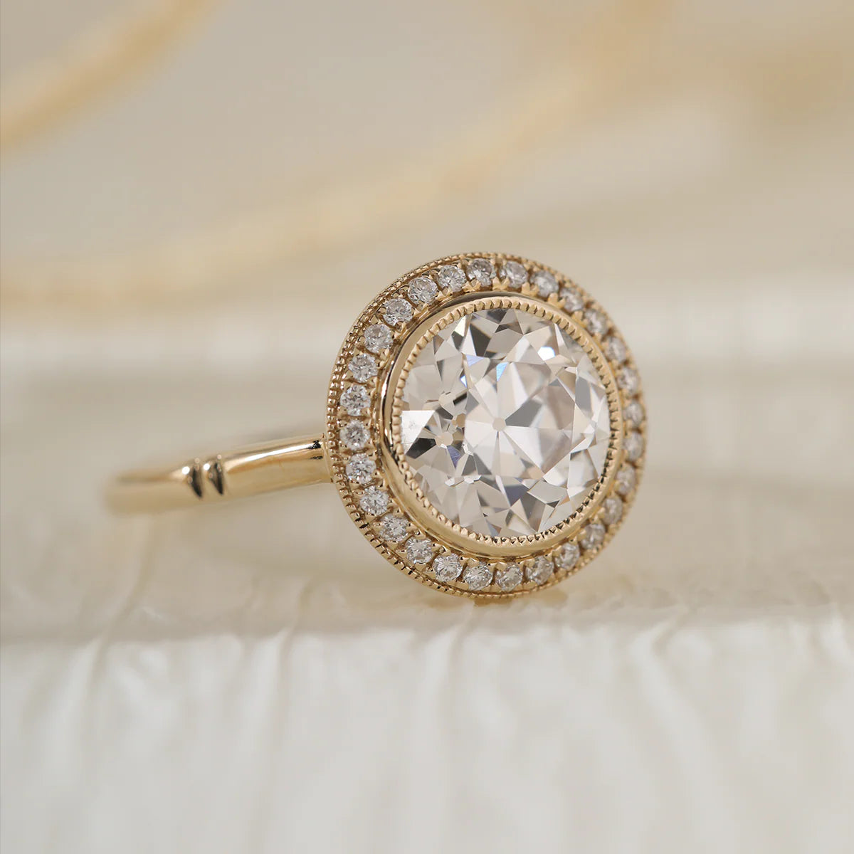 14K Yellow Gold 2.5ct Old European Cut Lab Diamond Edwardian Style Ring with Round Lab Diamond Halo Ring