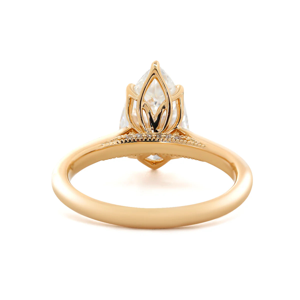14K Yellow Gold 2ct Pear Cut Lab Diamond 6 Claw Prongs Floral Basket Ring with Hidden Round Diamond Millegrain Pave
