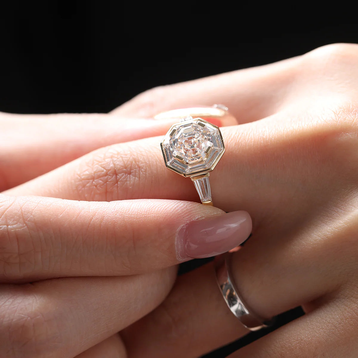 18K Yellow Gold 3ct Antique Bagua-shaped Step Cut Lab Diamond Ring with Tapered Step Cut Lab Diamond Halo and Two Tapered Baguette Cut Side-stone