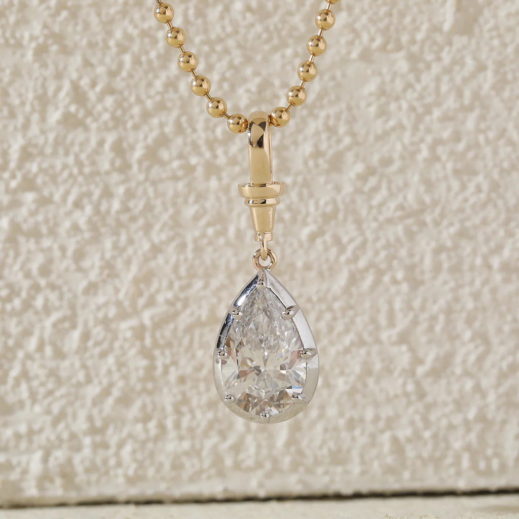 14K Yellow Gold Necklace with 3ct Pear Shaped Lab Diamond Pendant in White Gold Bezel Setting and Beaded Chain