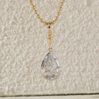 14K Yellow Gold Necklace with 3ct Pear Shaped Lab Diamond Pendant in White Gold Bezel Setting and Beaded Chain
