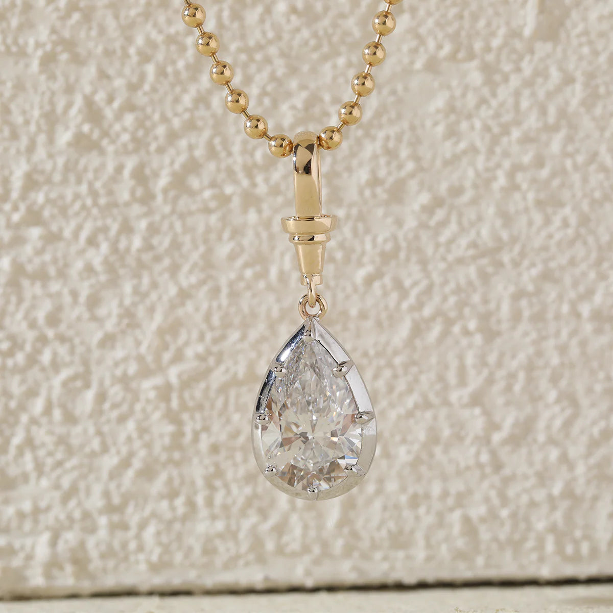 14K Yellow Gold Necklace with 3ct Pear Shaped Lab Diamond Pendant in White Gold Bezel Setting and Beaded Chain