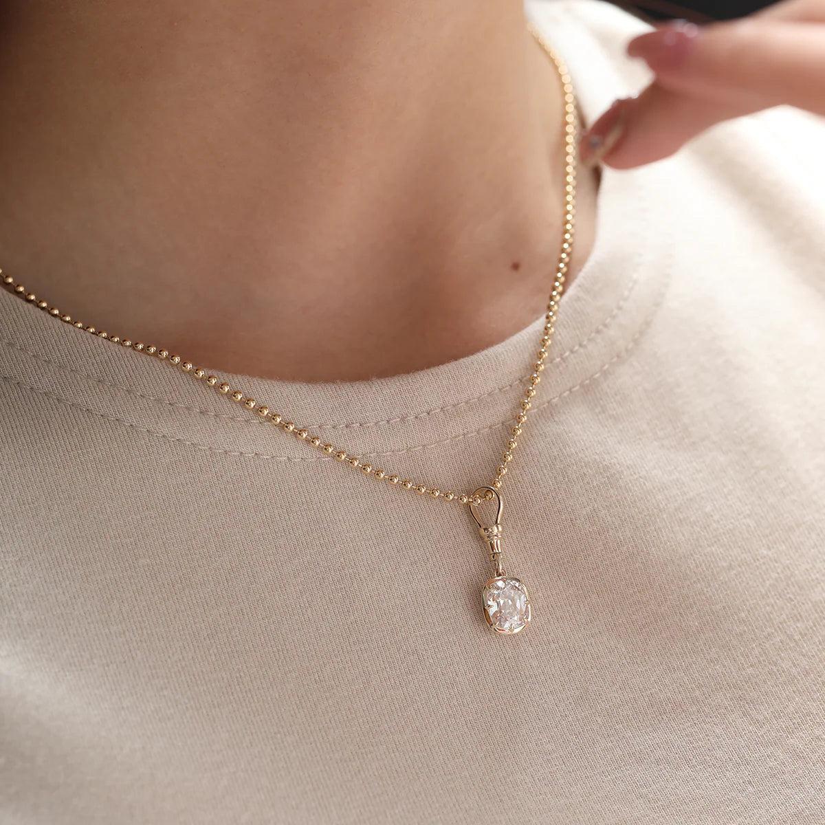 14K Yellow Gold 2ct Elongated Old Mine Cut Lab Diamond Bezel Pendant Necklace with Cross Chain