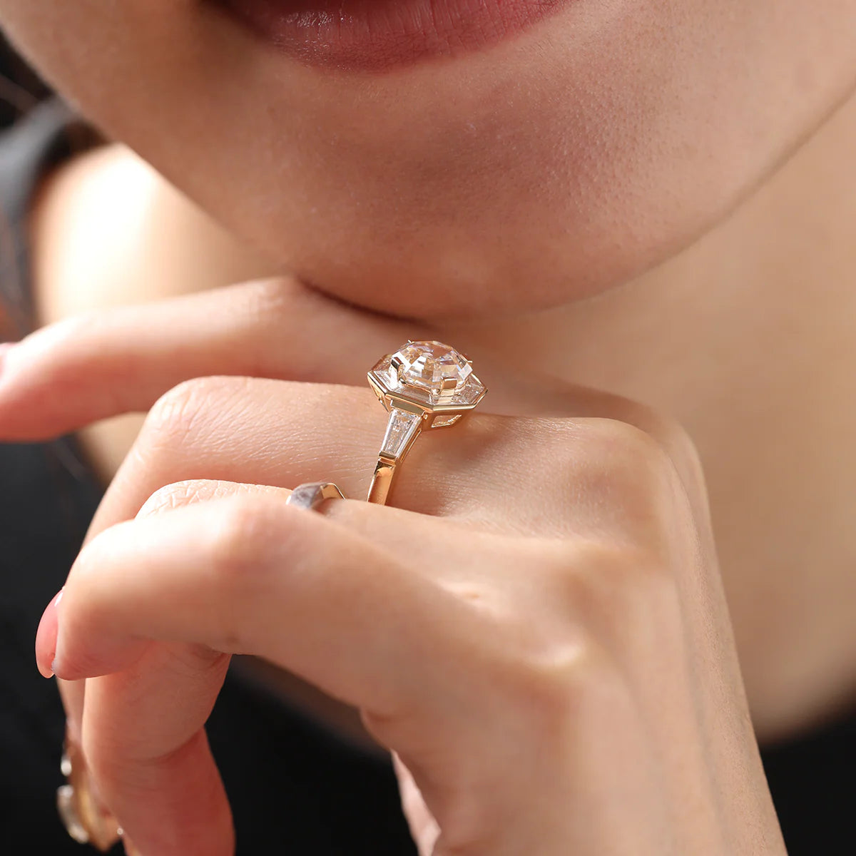 18K Yellow Gold 3ct Antique Bagua-shaped Step Cut Lab Diamond Ring with Tapered Step Cut Lab Diamond Halo and Two Tapered Baguette Cut Side-stone