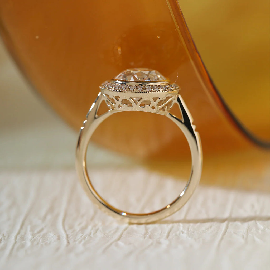 14K Yellow Gold 2.5ct Old European Cut Lab Diamond Edwardian Style Ring with Round Lab Diamond Halo Ring