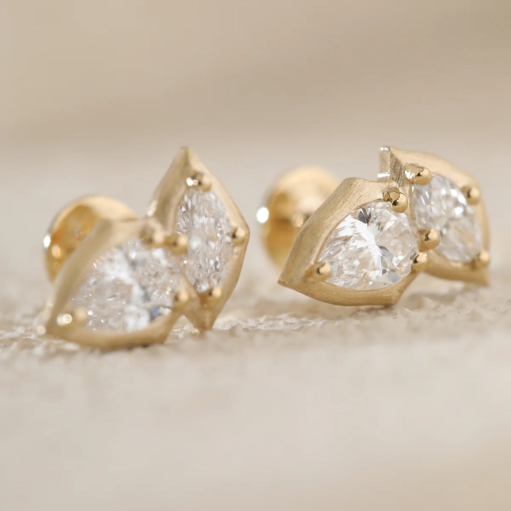 14K Yellow Gold Pear and Marquise Cut Lab Diamond Stud Earrings