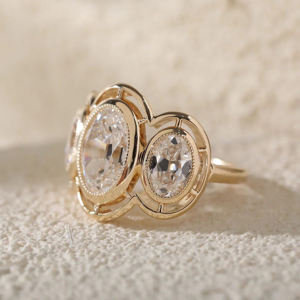 14K Yellow Gold 3ct Oval Old Mine Cut Lab Diamond Victoran-Style Millegrain Bezel Three Stone Ring