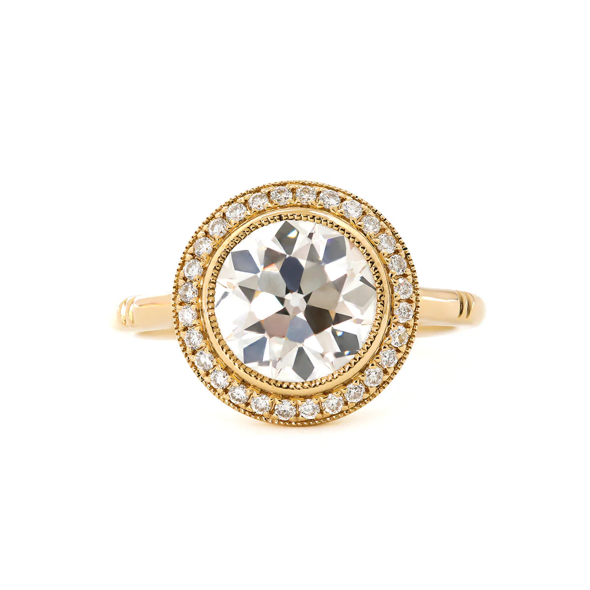 14K Yellow Gold 2.5ct Old European Cut Lab Diamond Edwardian Style Ring with Round Lab Diamond Halo Ring