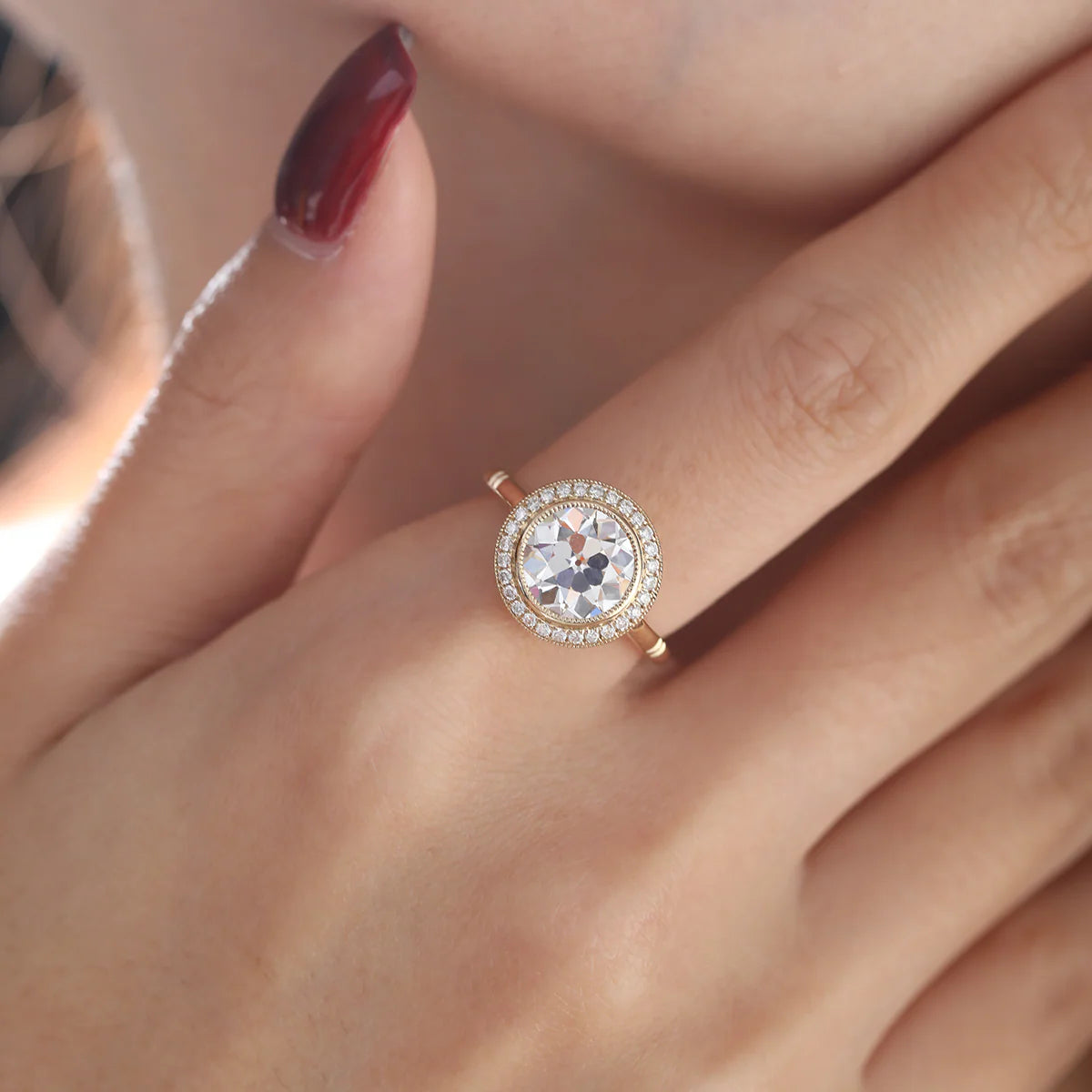 14K Yellow Gold 2.5ct Old European Cut Lab Diamond Edwardian Style Ring with Round Lab Diamond Halo Ring