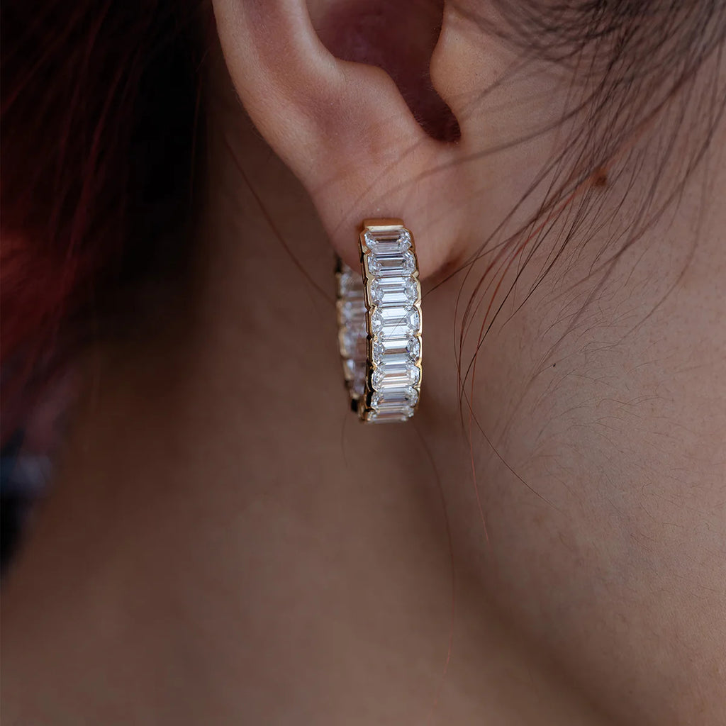 18K Yellow Gold Emerald Cut Lab Diamond Half Bezel Huggie Earrings