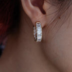 18K Yellow Gold Emerald Cut Lab Diamond Half Bezel Huggie Earrings