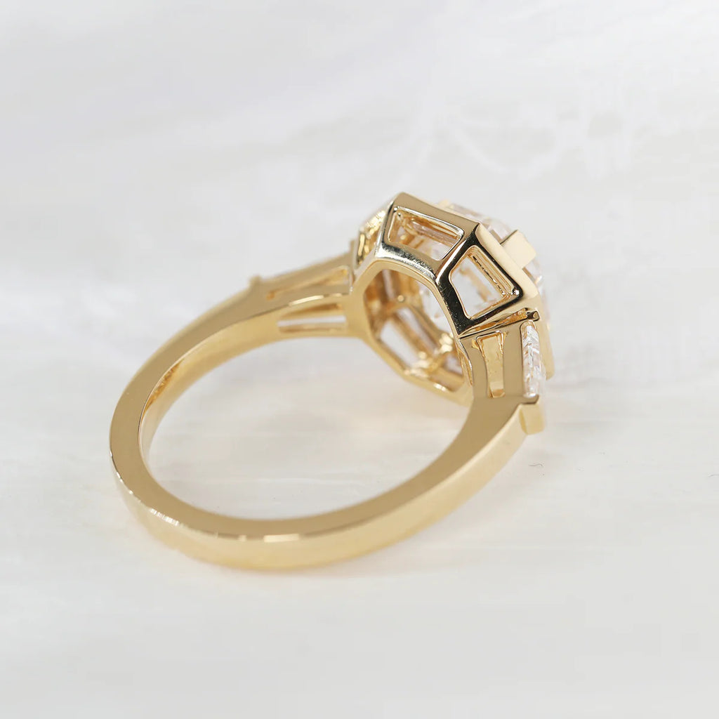 18K Yellow Gold 3ct Antique Bagua-shaped Step Cut Lab Diamond Ring with Tapered Step Cut Lab Diamond Halo and Two Tapered Baguette Cut Side-stone