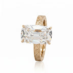 Laboratory-grown diamond ring, 4.68 carats, rectangular old mine cut, hand-carved wide band, four-prong setting.