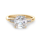 Old mine-cut laboratory-grown diamond three-stone ring, prong setting, custom wedding ring.