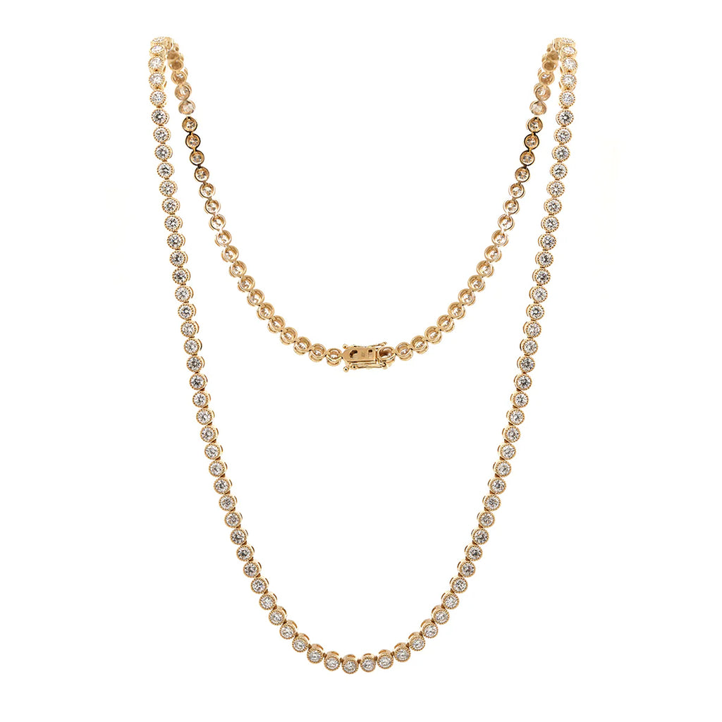 14K Yellow Gold 2.6mm Round Brilliant Cut Lab Diamond Millegrain Bezel Tennis Chain Necklace