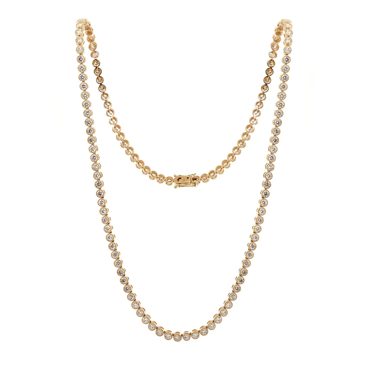 14K Yellow Gold 2.6mm Round Brilliant Cut Lab Diamond Millegrain Bezel Tennis Chain Necklace