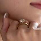 14k 18K Yellow Gold 3.5ct Old Mine Cut Lab Diamond Half Bezel Statement Ring with Hidden Round Lab Emerald Wave Pave