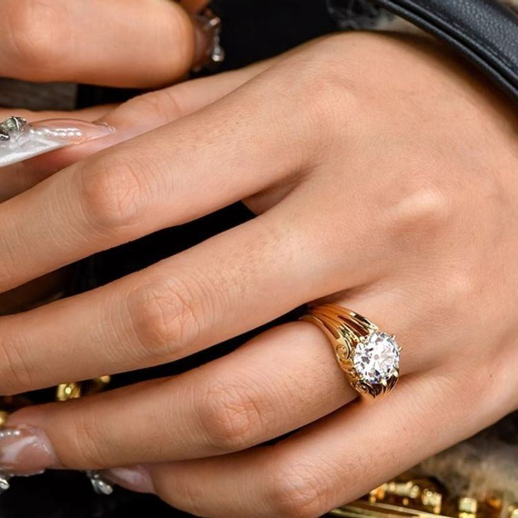 3-carat lab-cut diamond, old-cut 18k gold engagement ring, vintage style