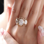 14K Yellow Gold 3ct Oval Old Mine Cut Lab Diamond Victoran-Style Millegrain Bezel Three Stone Ring