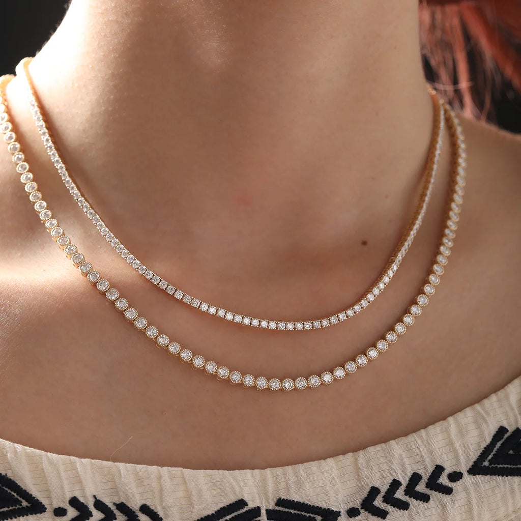 14K Yellow Gold 2.6mm Round Brilliant Cut Lab Diamond Millegrain Bezel Tennis Chain Necklace