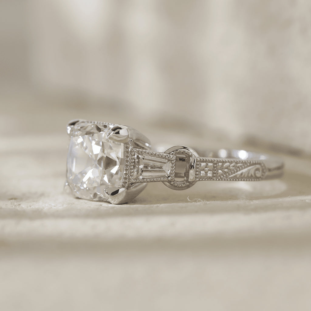 Vintage art style old mine cut 3-carat lab-grown diamond three-stone ring