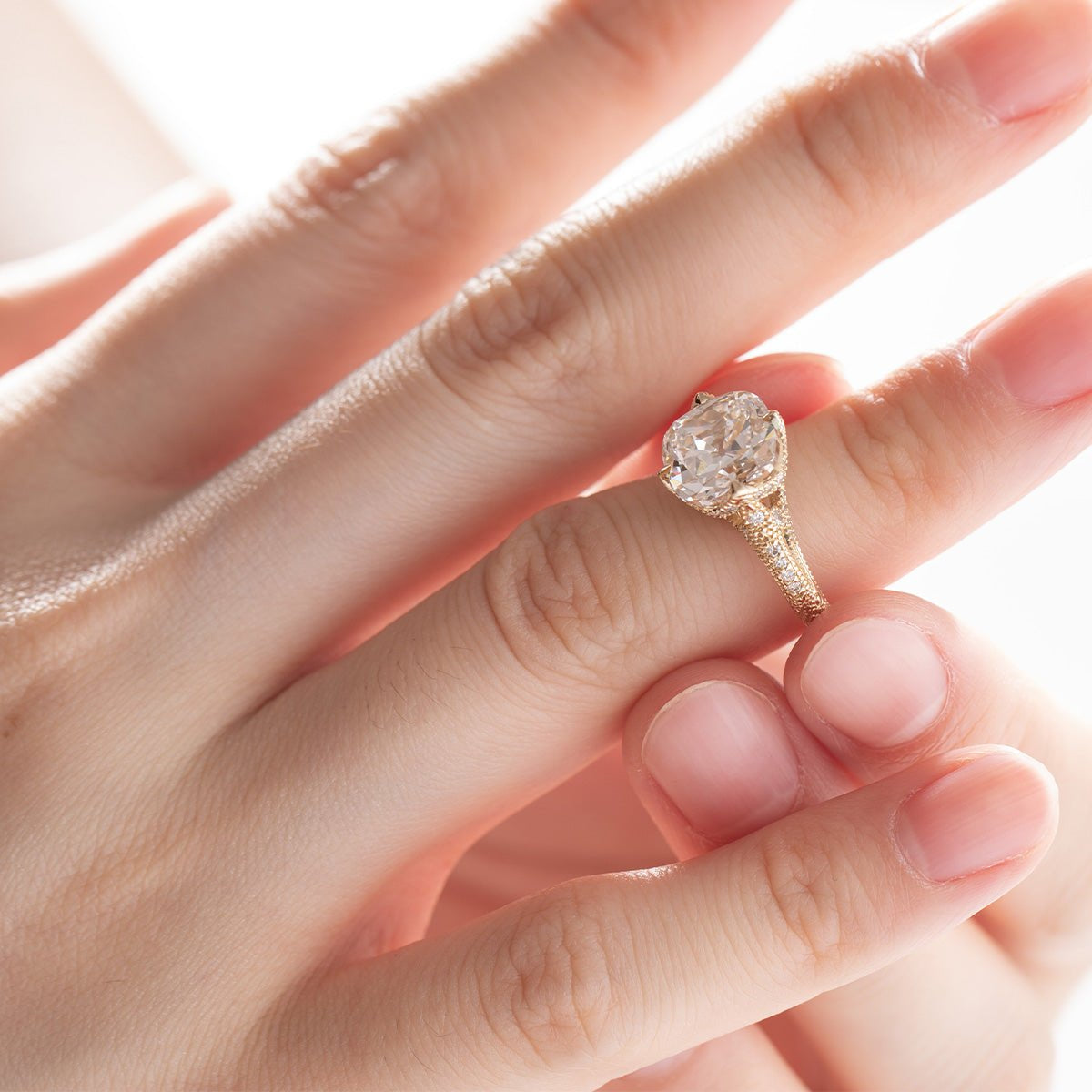 Elongated Old Mine Cut Lab-Grown Diamond Ring in Vintage Style with Crown & Side Stones