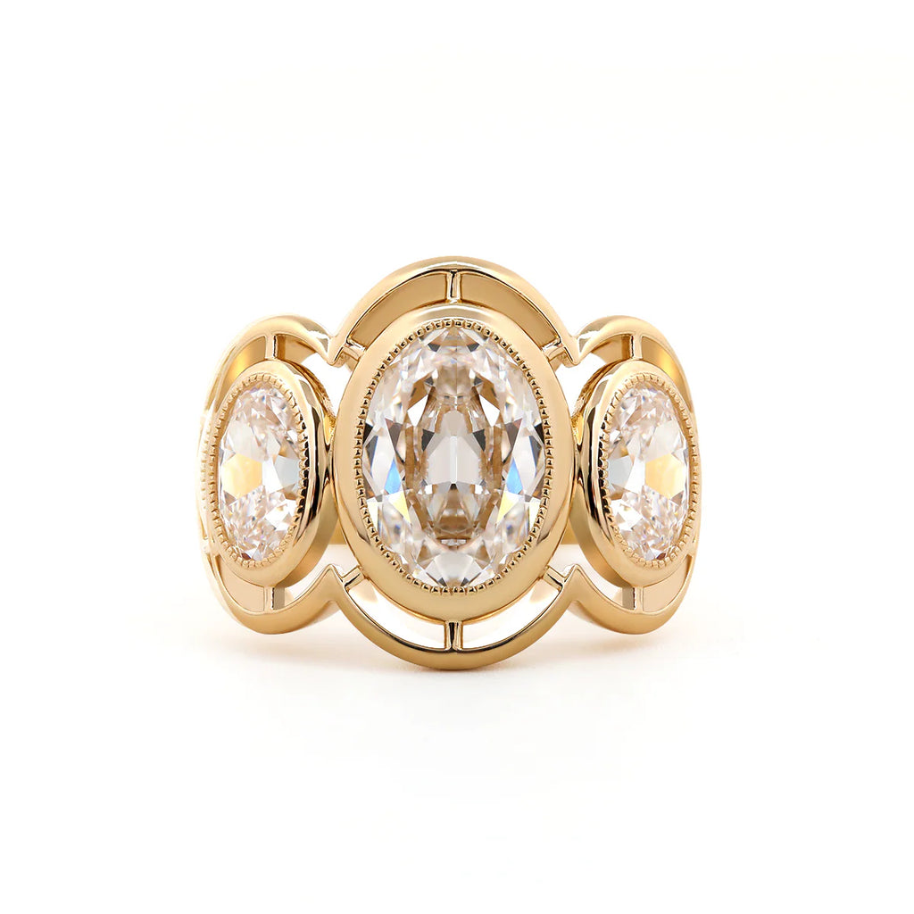 14K Yellow Gold 3ct Oval Old Mine Cut Lab Diamond Victoran-Style Millegrain Bezel Three Stone Ring