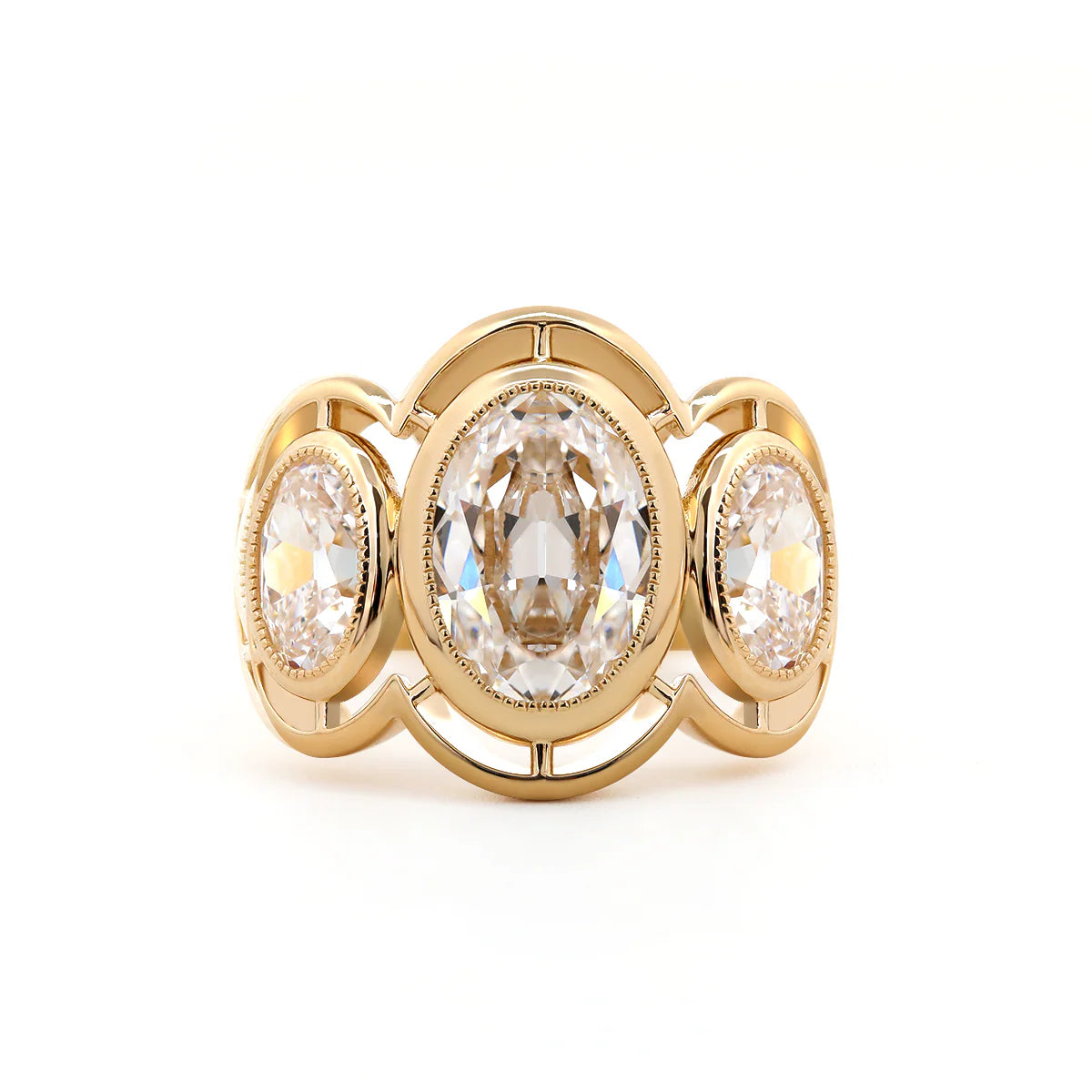 14K Yellow Gold 3ct Oval Old Mine Cut Lab Diamond Victoran-Style Millegrain Bezel Three Stone Ring