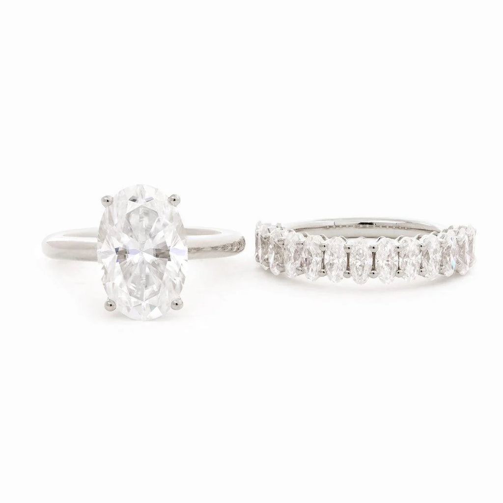 Oval Lab Diamond 4-Round Prong Hidden Halo Cathedral Bridal Set — Engagement Ring with Oval Lab Diamond Half Eternity Shared-Prong Band