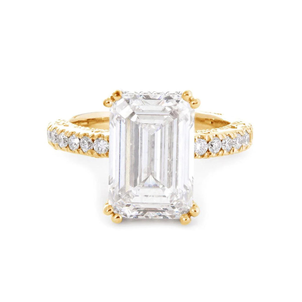 Emerald Cut Lab Diamond Double Round Prong Hidden Halo Millegrain Vintage Bridal Set — Engagement Ring with Half Eternity Band