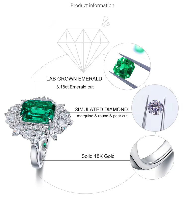 10*8mm Emerald-cut Green Lab-grown Emerald and Diamond Handmade Ring with Halo