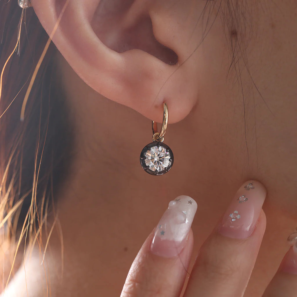 18K Yellow and White Gold with Black Rhodium Plated 2 ct tw Round Cut Diamond Bezel Hoop Earrings