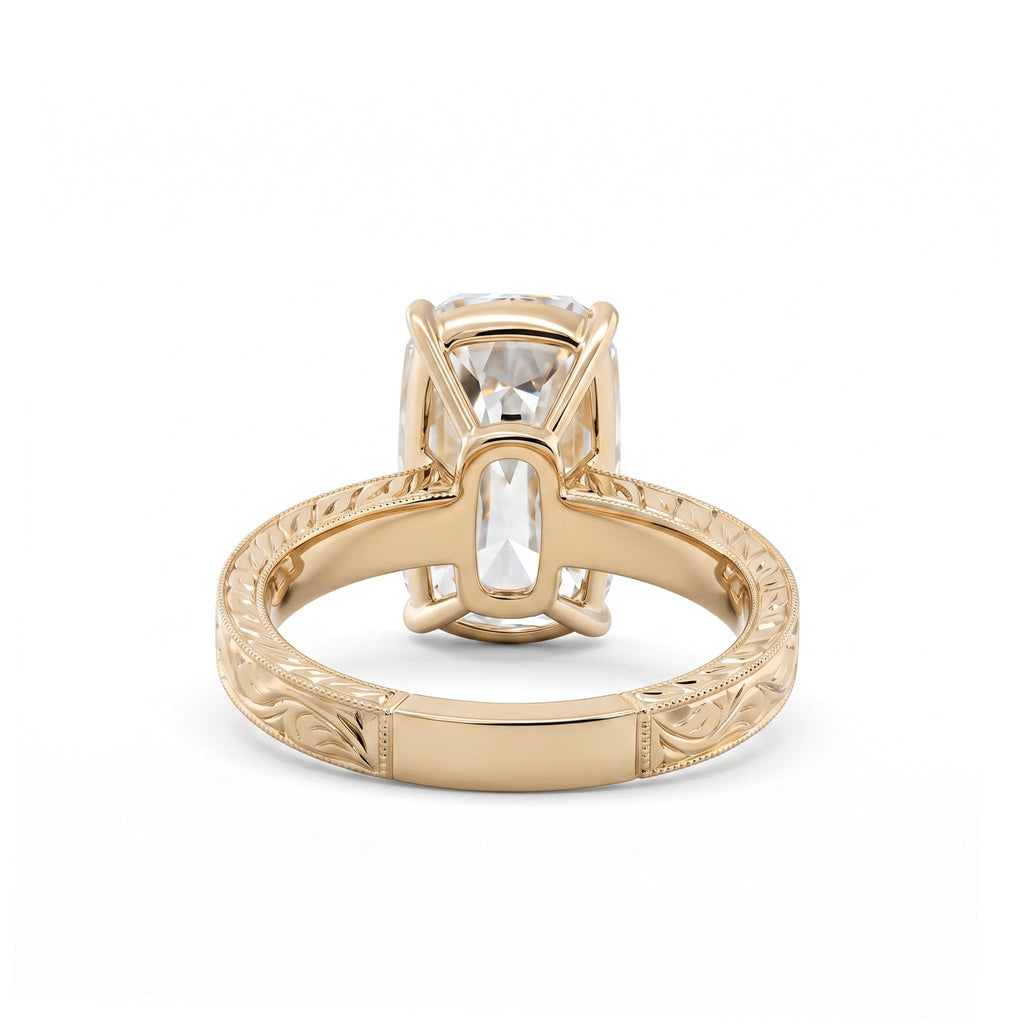 Laboratory-grown diamond ring, 4.68 carats, rectangular old mine cut, hand-carved wide band, four-prong setting.