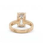 Laboratory-grown diamond ring, 4.68 carats, rectangular old mine cut, hand-carved wide band, four-prong setting.