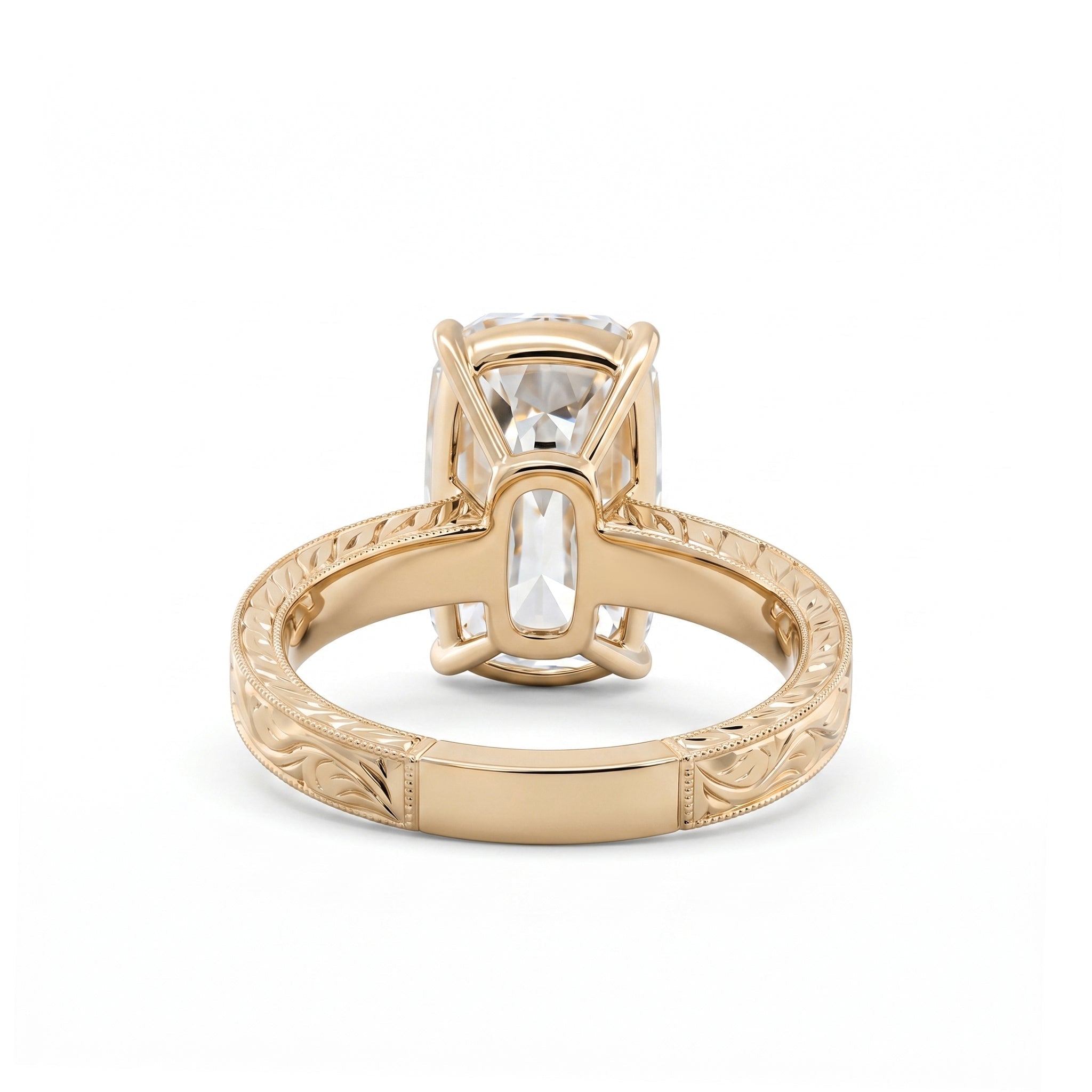 Laboratory-grown diamond ring, 4.68 carats, rectangular old mine cut, hand-carved wide band, four-prong setting.