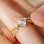 18K Yellow Gold 1.5ct Princess Cut Lab Diamond 4 Claw Prongs Vintage Ring with Round and Marquise Cut Lab Diamond Side-stones