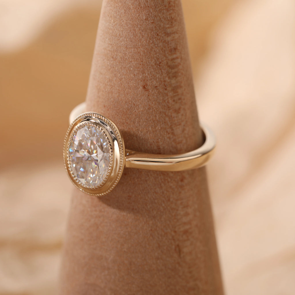 14K 18K Yellow Gold Oval Cut Lab Diamond Thousand Grain Basket Style Solitaire Ring