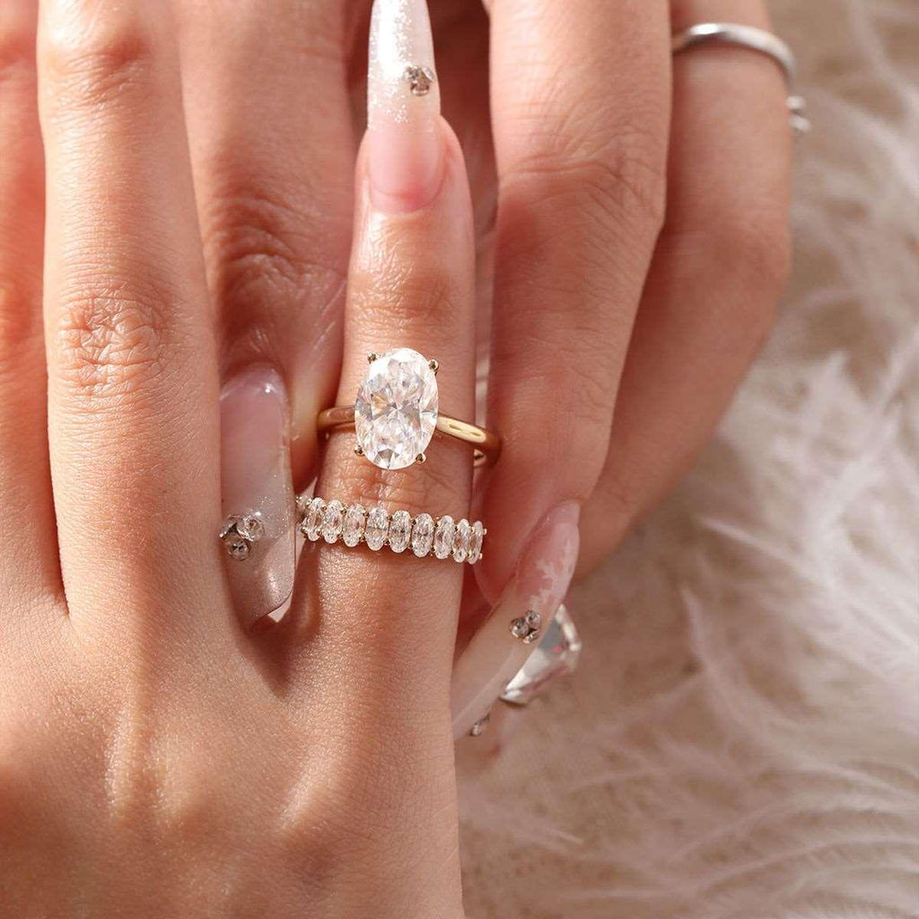Oval Lab Diamond 4-Round Prong Hidden Halo Cathedral Bridal Set — Engagement Ring with Oval Lab Diamond Half Eternity Shared-Prong Band